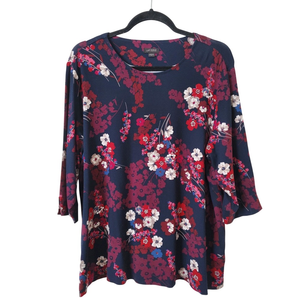 J Jill Wearever Collection Navy Floral 3/4 Sleeve Tunic Top XL Stretch ScoopNeck